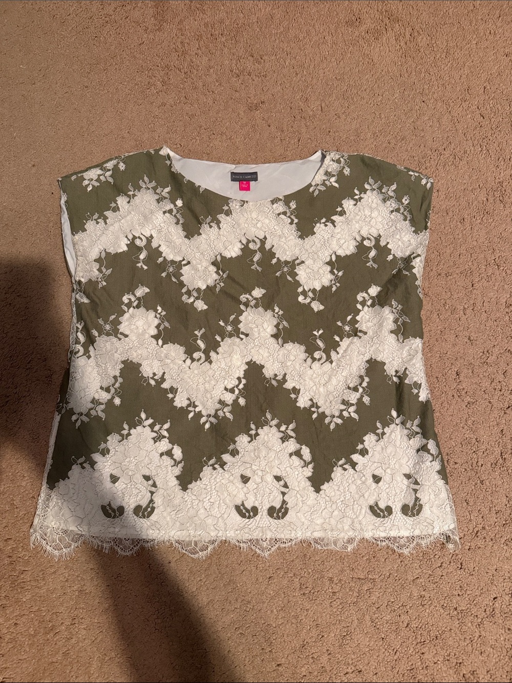 Vince Camuto Olive Green Top with White Lace Overlay